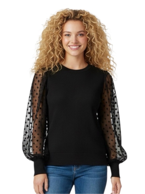 Elena Baldi Tops - Elena Baldi, COMFY & STRETCHY, Black, Polka Dot Textured, Long-Sleeve Blouse
